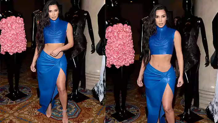 Kim Kardashian in blue color dress